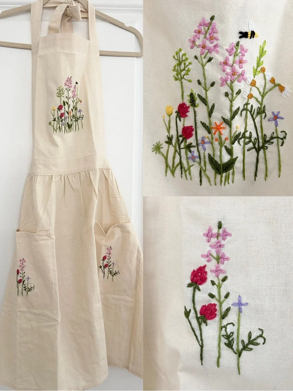 Floral Hand-Embroidered Cream Apron With Wildflower Garden / Bee Motif